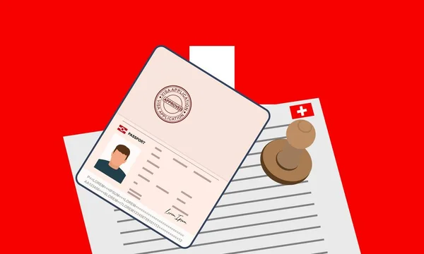 Switzerland Visa Open Stamped Passport Visa Approved Document Border Crossing — ストックベクタ