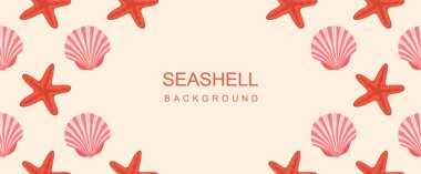 Vector frame with Seashell. Composition of scallop and starfish background. Seashells pattern on Sand backdrop background. Exotic beach shellfish, clamshell. Vector illustration.