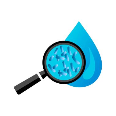 Vector illustration of water drop with magnifier and bacterium legionella. Symbol of legionella water test. Icon of legionnaire disease