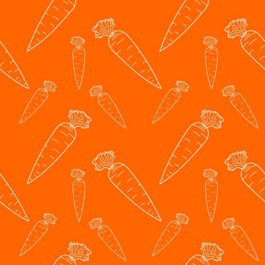 Vector seamless fruit pattern, white outline of carrots on a bright orange background. Modern Carrots linear background. vector eps10