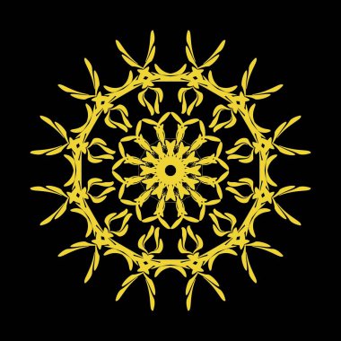 Vintage golden mandala circle pattern, lacy ornamental design. golden christmas ornament on black background, cut out paper snowflake, swirl vector template