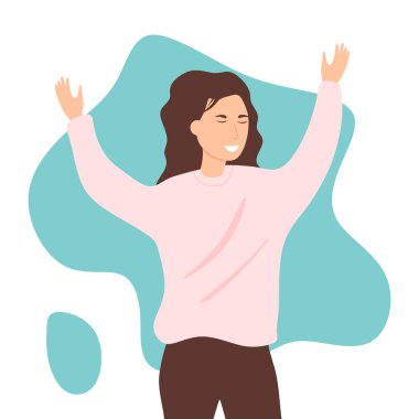 Young happy girl. joyful cute young woman in flat style illustration. Happy female cartoon character with raised hands isolated on white background. Vector illustration eps10