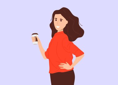 Young happy woman posing while holding coffee from disposable paper cup. Modern smiling girl drinks coffee to refresh herself. The female character is enjoying a hot drink