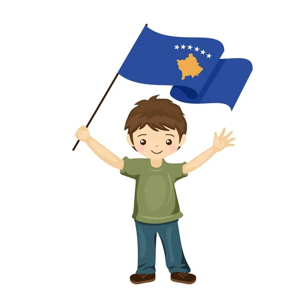 Kosova bayrağı taşıyan çocuk, Kosova bayrağını düz bir şekilde elinde tutuyor. vektör illüstrasyonu