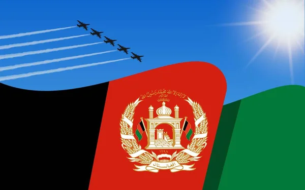 アフガニスタンの旗と空を飛ぶ戦闘機の形成 8月19日独立記念日アフガニスタン 青い空の軍用航空機 ベクターイラスト — ストックベクタ