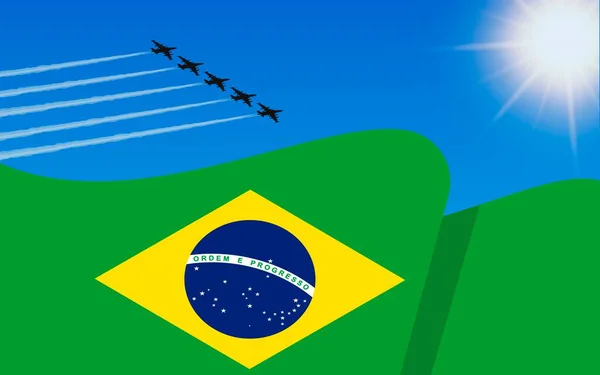 ブラジルの旗と空を飛ぶ戦闘機の形成 ブラジル独立記念日 青い空の軍用航空機 ベクターイラスト — ストックベクタ