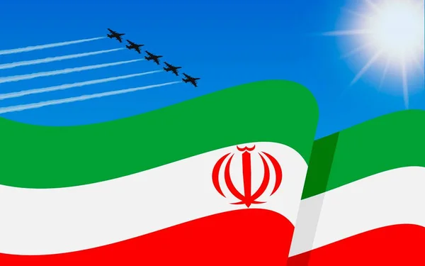 イランの旗と空を飛ぶ戦闘機の形成 独立記念日イラン 青い空の軍用航空機 ベクターイラスト — ストックベクタ