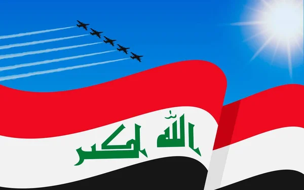 イラクの旗と空を飛ぶ戦闘機の形成 独立記念日イラク 青い空の軍用航空機 ベクターイラスト — ストックベクタ