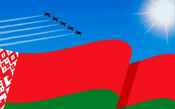 白俄罗斯国旗和一个战斗机编队在天空中飘扬 白俄罗斯国庆日 在蓝天的军事航空 矢量说明 — 图库矢量图片