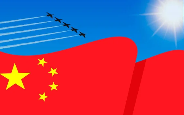 Bandera China Una Formación Aviones Combate Volando Cielo Día Independencia — Archivo Imágenes Vectoriales