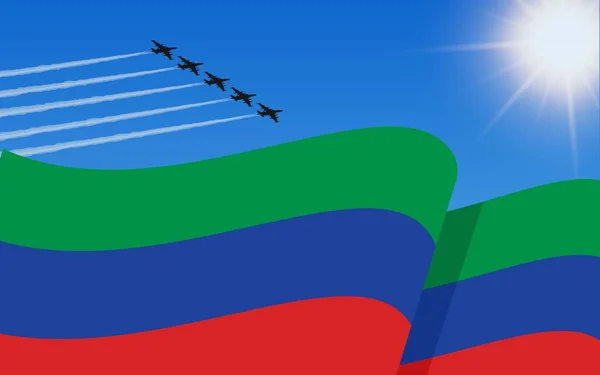 Dagestans Flagga Och Stridsflygplansformation Himlen Självständighetsdagen Dagestan Militär Luftfart Den — Stock vektor
