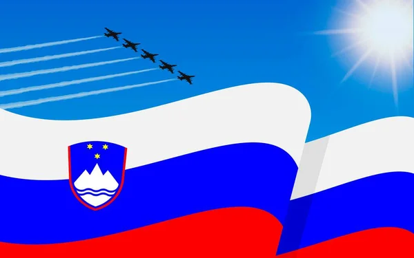 Sloveniens Flagga Och Stridsflygplansformation Som Flyger Skyn Självständighetsdagen Slovenien Militär — Stock vektor