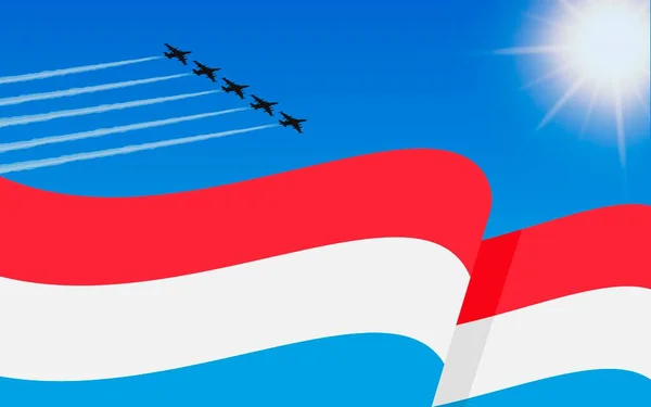 ルクセンブルクの旗と空を飛ぶ戦闘機の形成 独立記念日ルクセンブルク 青い空の軍用航空機 ベクターイラスト — ストックベクタ