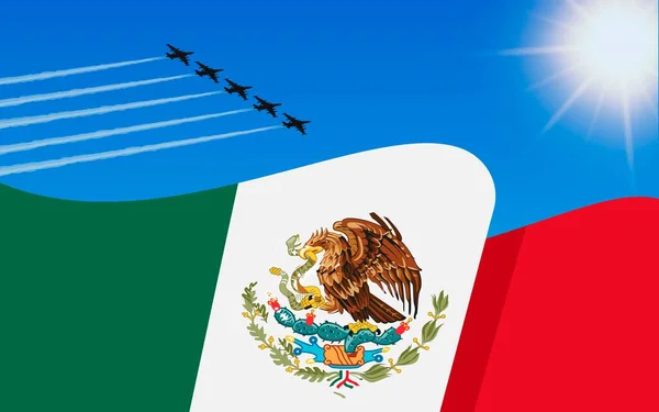 Flag Mexico Fighter Plane Formation Flying Sky 16Th September Independence — Stock Vector