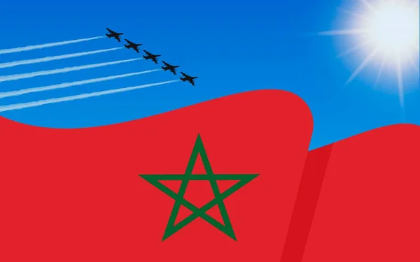 摩洛哥国旗和一个战斗机编队在空中飘扬 摩洛哥独立日 在蓝天的军事航空 矢量说明 — 图库矢量图片