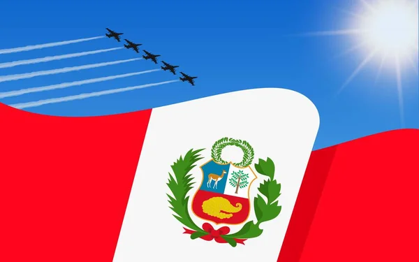 Флаг Перу Боевое Построение Самолета Летящего Небе Июля День Независимости — стоковый вектор