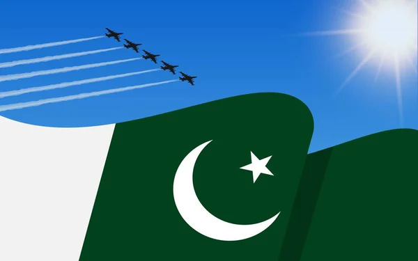 パキスタンの国旗と空を飛ぶ戦闘機の形成 8月14日パキスタン独立記念日 青い空の軍用航空機 ベクターイラスト — ストックベクタ
