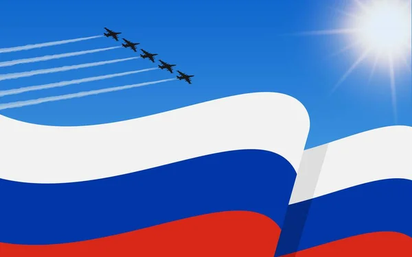 Rysslands Flagga Och Stridsflygplansformation Himlen Självständighetsdagen Ryssland Militär Luftfart Den — Stock vektor