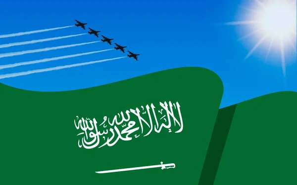 サウジアラビアの旗と空を飛ぶ戦闘機の形成 サウジアラビアの建国記念日 青の軍用航空 — ストックベクタ