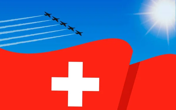 Vlag Van Zwitserland Een Gevechtsvliegtuig Formatie Vliegen Lucht Onafhankelijkheidsdag Zwitserland — Stockvector