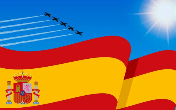 西班牙国旗和一个战斗机编队在天空中飘扬 10月12日西班牙独立日 在蓝天的军事航空 矢量说明 — 图库矢量图片