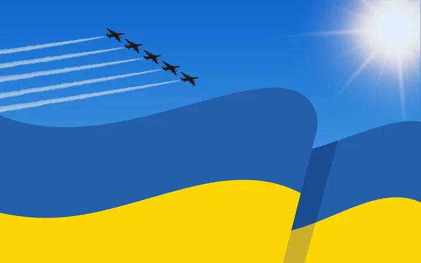Bandera Ucrania Una Formación Aviones Combate Que Vuelan Cielo Día — Vector de stock