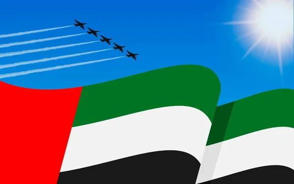 アラブ首長国連邦の国旗と空を飛ぶ戦闘機の形成 12月2日 アラブ首長国連邦独立記念日 青い空の軍用航空機 ベクターイラスト — ストックベクタ