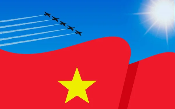 Bandeira Vietnã Uma Formação Avião Combate Voando Céu Dia Independência — Vetor de Stock