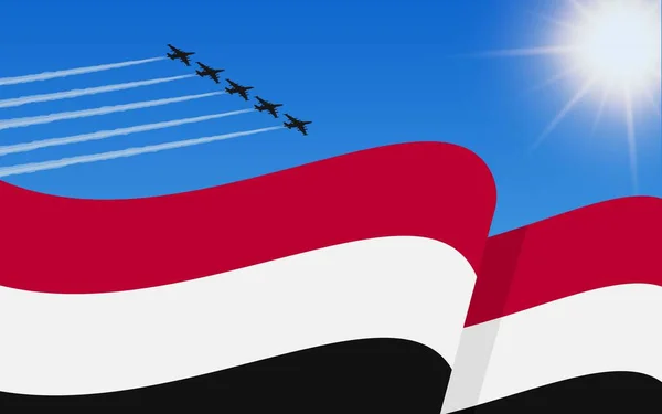 イエメンの国旗と空を飛ぶ戦闘機の形成 イエメン独立記念日 青い空の軍用航空機 ベクターイラスト — ストックベクタ