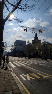 Avrupa 'nın ana caddesinin yanında durup trafik ışıklarının geçmesini bekleyen insanlar..