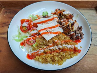 Shirataki rice, grilled chicken and salad, a combination of low calorie menu for diet
