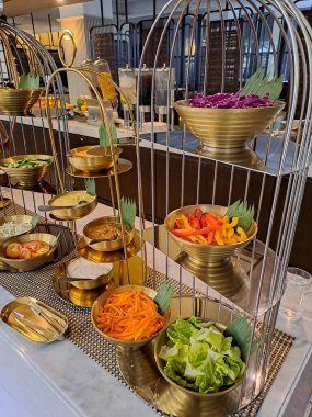 Set of breakfast, lunch or dinner menu in the restaurant, hotel or kitchen bar. Buffet menu of porridge and salad, Self service, all you can eat