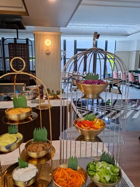 Set of breakfast, lunch or dinner menu in the restaurant, hotel or kitchen bar. Buffet menu of porridge and salad, Self service, all you can eat