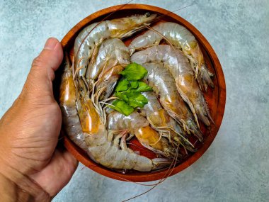 Human hand holding a wooden plate of raw prawns isolated in gray background. Fresh shrimps ready to cook. Selective focus