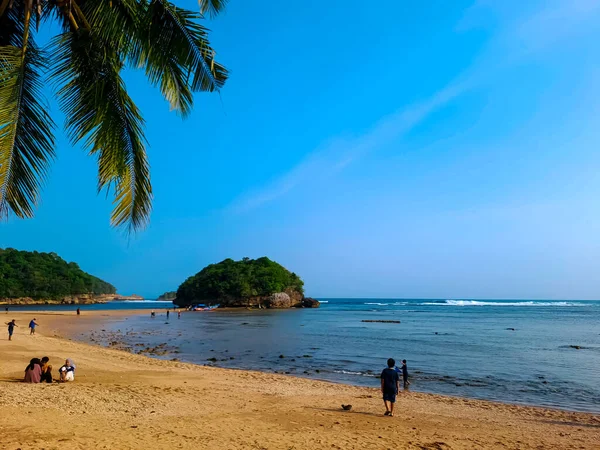 Schöner Tropischer Strand Mit Sand Felsen Kokospalmen Und Touristen Unter — Stockfoto