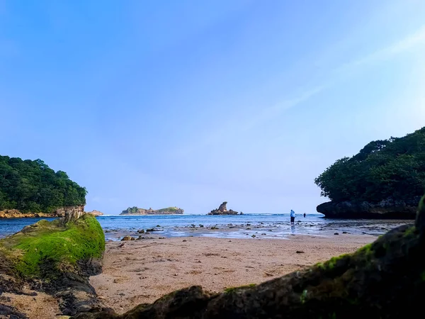 Niedriges Gezeitenwasser Einem Wunderschönen Strand Mit Sand Felsen Und Grüner — Stockfoto