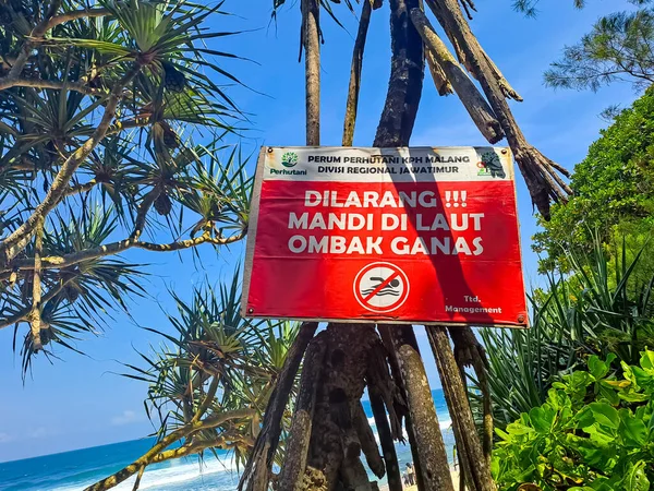 海岸近くの木の上に置かれた警告板は インドネシア語で書かれた 浜辺で泳ぐことは許されない — ストック写真
