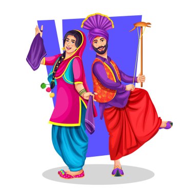 Dans eden Punjabi çifti Bhangra vektör çizimi yapıyor. Punjabi Halk Dansı.