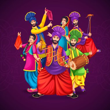 Modern Bhangra dansçılarının vektör illüstrasyon grubu. Punjabi dans gruplarının sanatçıları festival vesilesiyle ünlü Bhangra dansını icra ediyorlar.