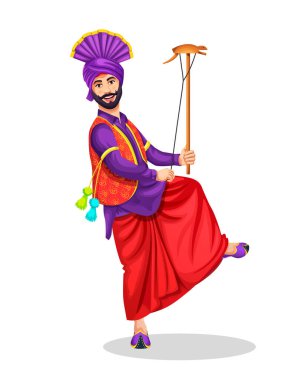 Bir Punjabi Bhangra dansçısı Kato 'nun ipiyle gösteri yapıyor. Etnik Punjab kıyafeti giyiyor. Vektör kullanmaya hazır.