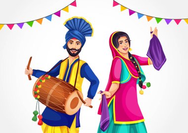 Hindistan, Punjab 'daki Baisakhi festivaliniz kutlu olsun. Punjabi Sih hasat festivali. Halk dansını temsil eden bir Giddha dansçısı ve bir Bhangra dansçısı..