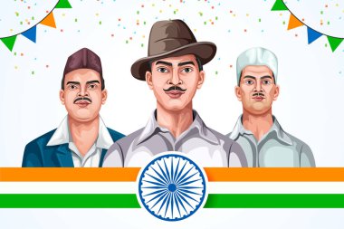 Hint vatansever konsept afişi için vektör illüstrasyonu. Hint özgürlük savaşçıları Bhagat Singh, Shivaram Rajguru, ve Sukhdev Thapar portresi.