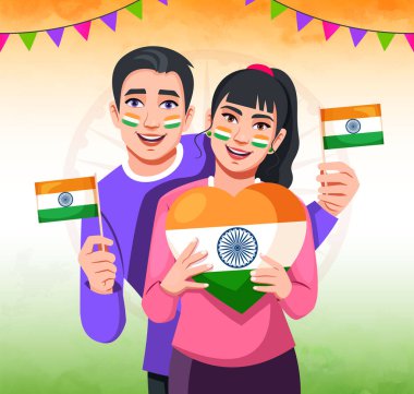 Vatanseverler Günü Arkaplanı Hint bayrağı renginde. Hintlilerin elinde bayraklar olan ve yüzlerine Hint bayrağı çizen vektör ilüstrasyonu.