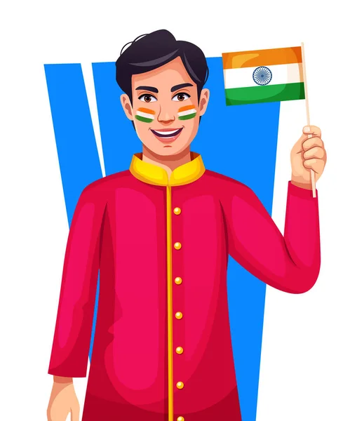 Feliz Dia Patriótico Menino Indiano Segurando Bandeira Pintou Bandeira Indiana — Vetor de Stock