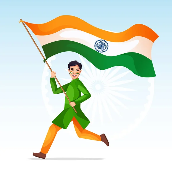 stock vector A Patriotic Indian Boy waving the National Flag of India and running. Concept of Independence or Republic Day celebration.