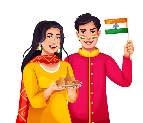 stock vector Happy Young Indian couple holding the Indian National flag and sweets. Celebrating Independence Day or Republic Day.