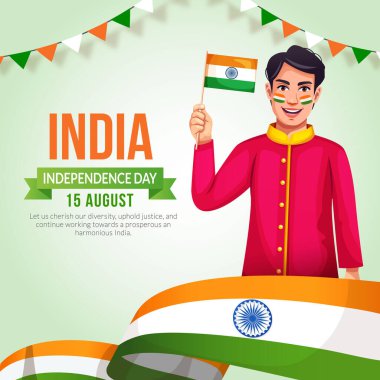 15 Ağustos 'ta Hindistan' ın Bağımsızlık Günü kutlu olsun. Ulusal Bayrak sallayan bir çocuğun resmi. Arkaplan, poster, kart ve afiş tasarımı.