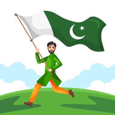 Pakistan 'ın Bağımsızlık Günü kutlu olsun. Bayrak taşıyan Pakistanlı adamın vektör çizimi. Poster, afiş, broşür tasarımı.