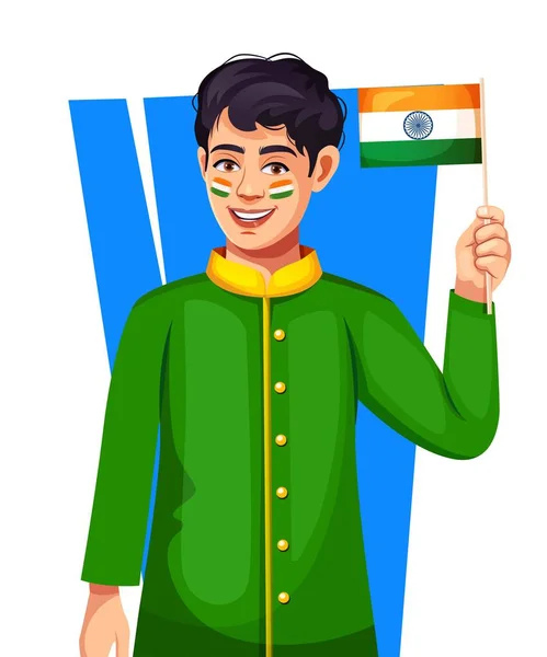 Niño Indio Feliz Sosteniendo Bandera Tricolor Bandera Nacional India Vector — Archivo Imágenes Vectoriales