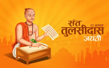 Hindu aziz ve şair Tulsidas, Jayanti kutlaması. Hint tipografi pankartı tasarımı.